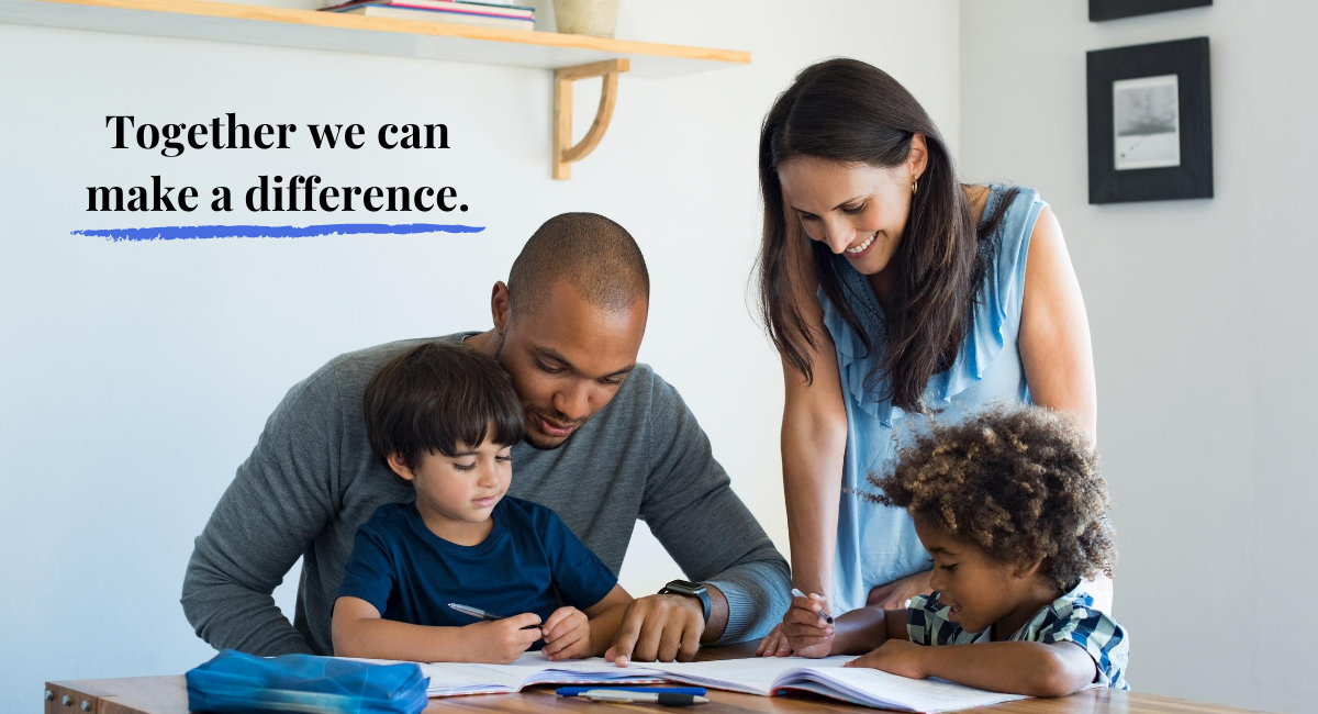 Parents sitting at the table helping their children with schoolwork. Parents sitting at the table helping their children with schoolwork.
